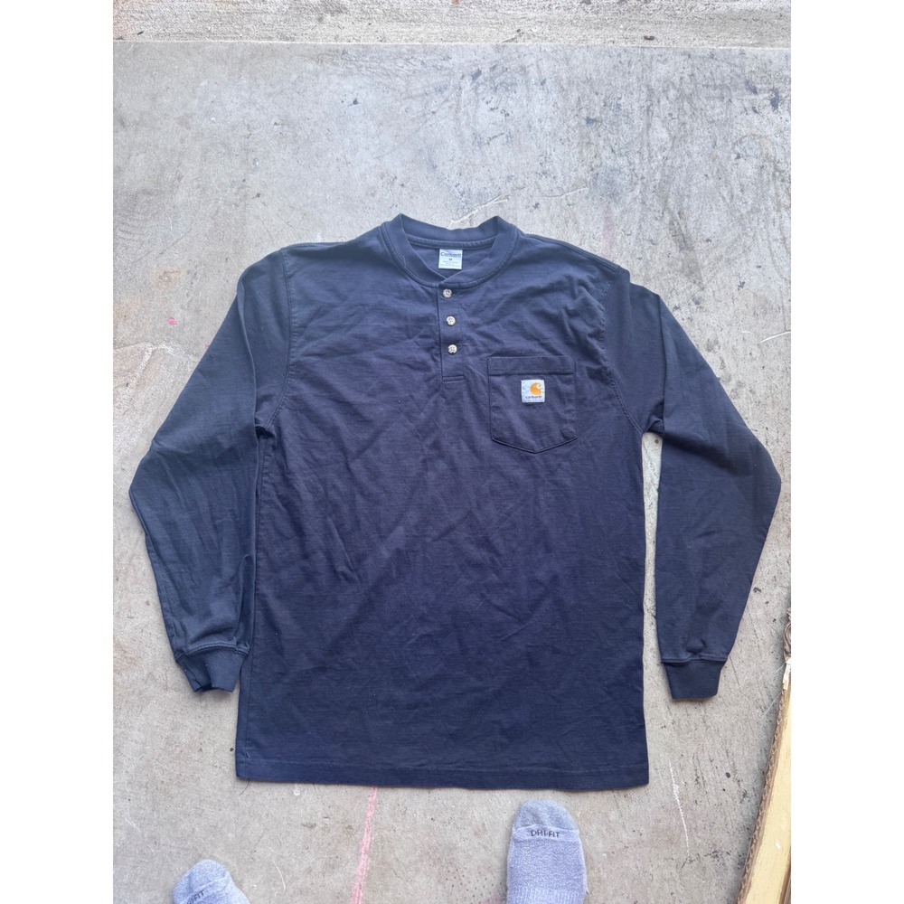 Carhartt Mens Long Sleeve Henley Shirt Navy Blue Cotton Pocket Tee Size M